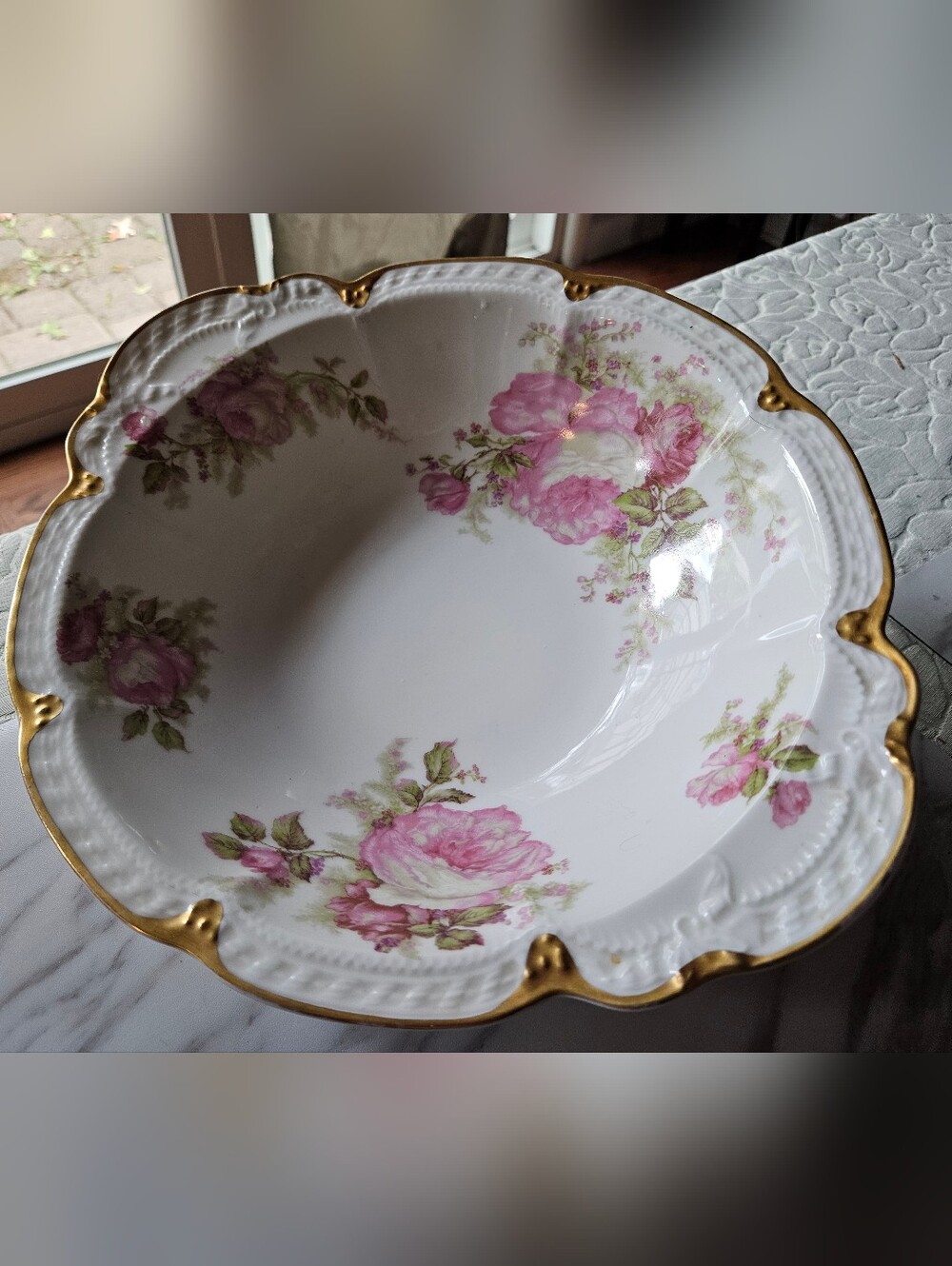 Haviland, France, White China Serving Bowl with Pink Rose Motif and Gold Rim